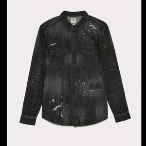 Zara men's denim jacket Shirt paint splatter distressed western style black L.
